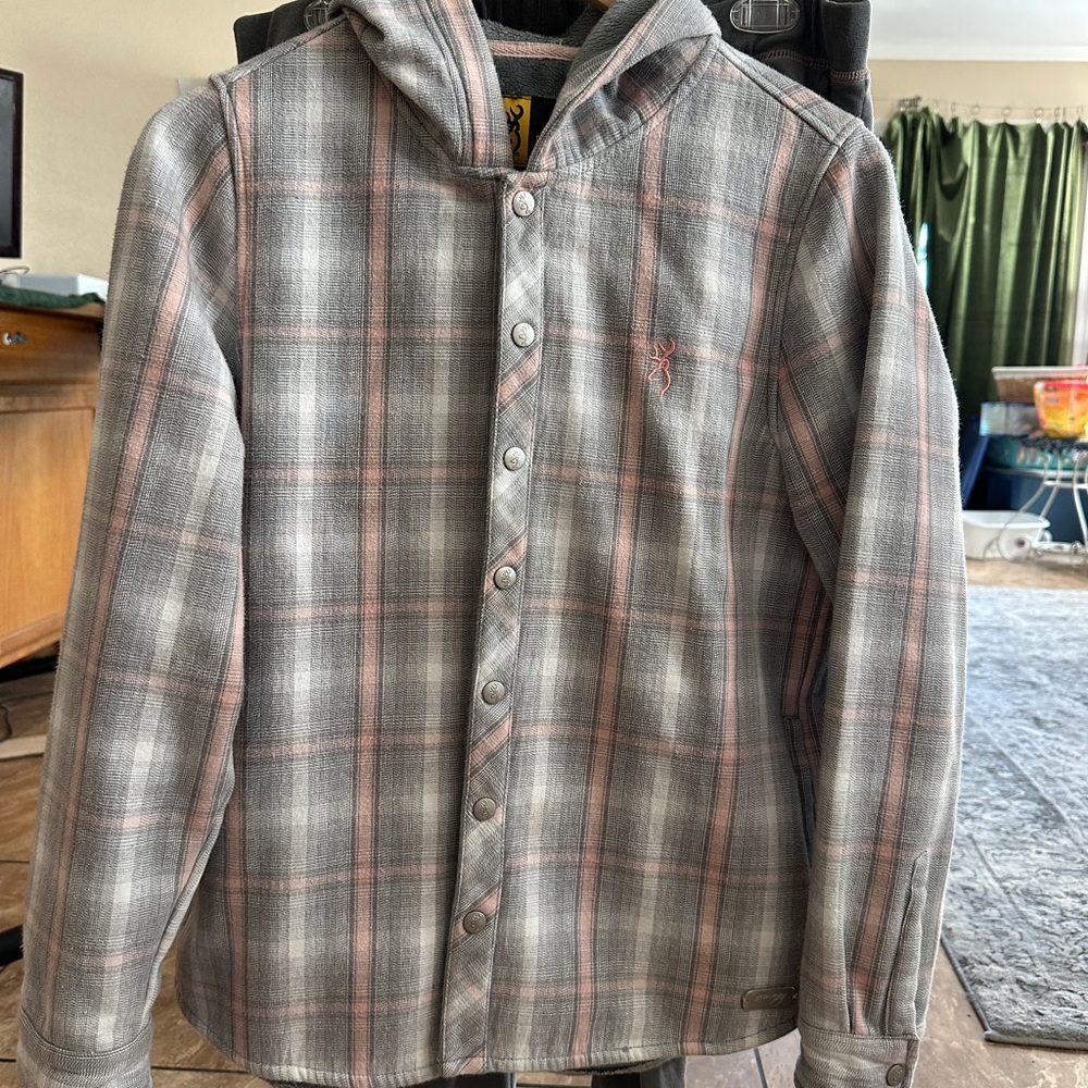 Browning women’s Gray and Pink Plaid Button Down Shacket.